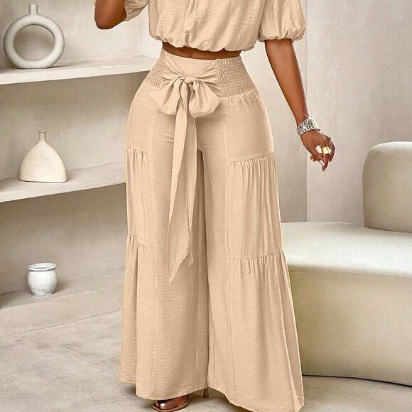Khaki Casual Women's Beach One-Shoulder Puff-Sleeved Crop Top & Wide Leg Pants - Picture 4 of 7